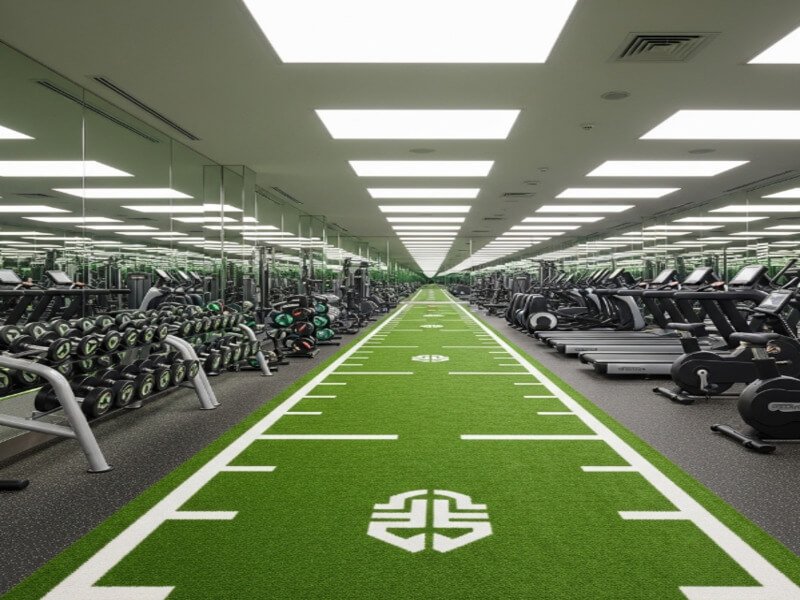 Astro turf gym flooring with a red sled pushing on it